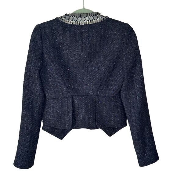 Bebe Women's Beaded Black & Gold Fitted Tweed Zip Up Blazer Size 6 - Picture 3 of 9